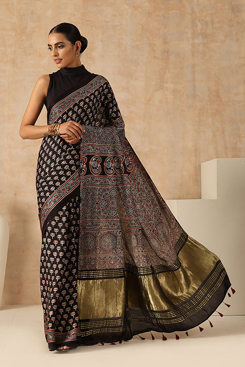 Jahangir Khatri Handblock Printed Black Ajrakh Saree Online - 041