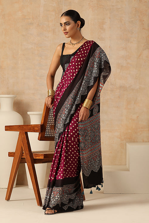 Jahangir Khatri - Black & Magenta Ajrakh & Bandhani Modal Saree - 006