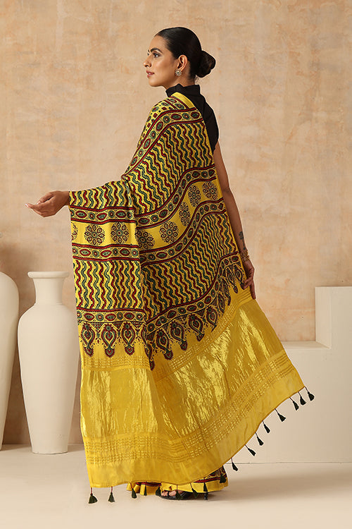 Jahangir Khatri - Yellow Ajrakh Modal Tissue Saree - 036