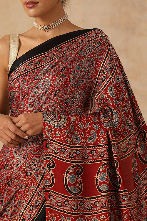 Jahangir Khatri Handblock Printed Red Ajrakh Saree Online - 042