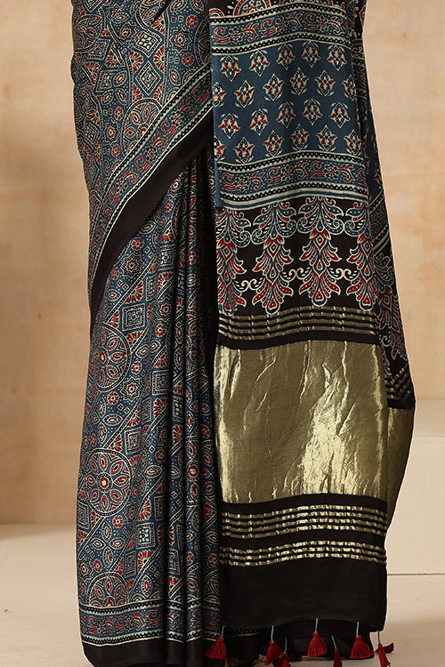 Jahangir Khatri - Indigo Blue Ajrakh Modal Tissue Saree - 035