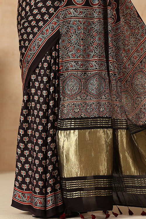 Jahangir Khatri - Black Ajrakh Modal Tissue Saree - 041