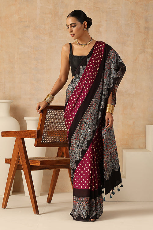 Jahangir Khatri - Black & Magenta Ajrakh & Bandhani Modal Saree - 006