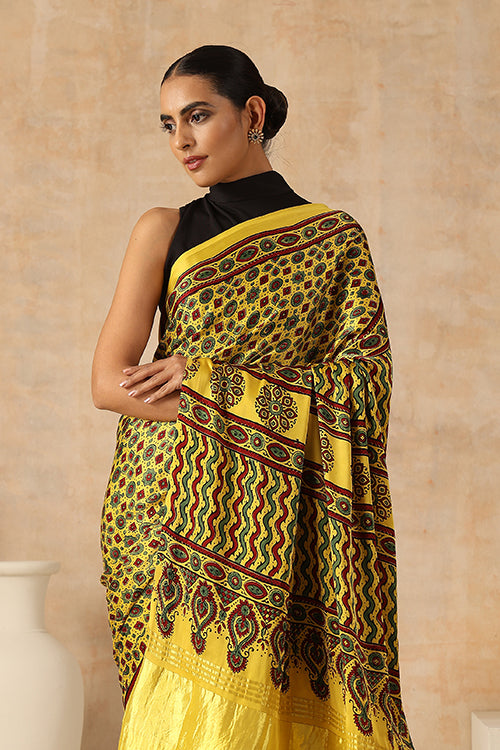 Jahangir Khatri - Yellow Ajrakh Modal Tissue Saree - 036
