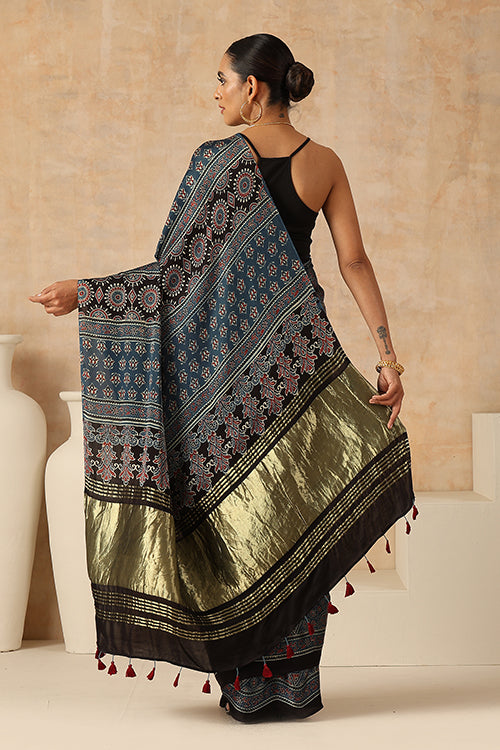 Jahangir Khatri - Indigo Blue Ajrakh Modal Tissue Saree - 035