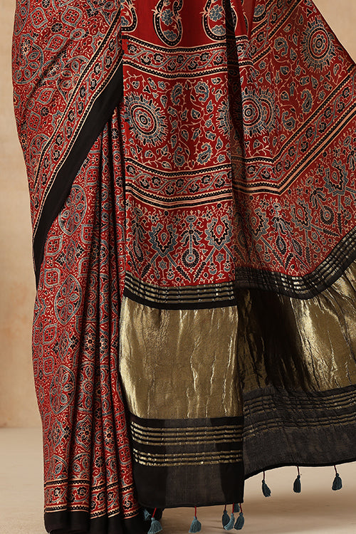Jahangir Khatri - Red Ajrakh Modal Tissue Saree - 042