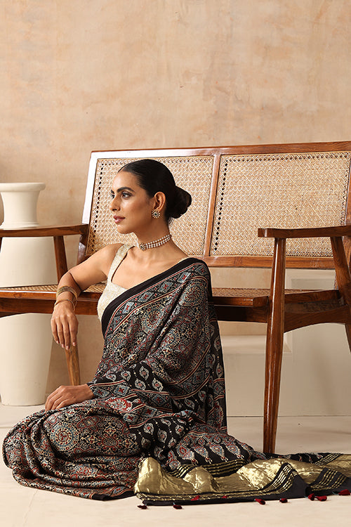 Jahangir Khatri - Black Ajrakh Modal Tissue Saree - 034