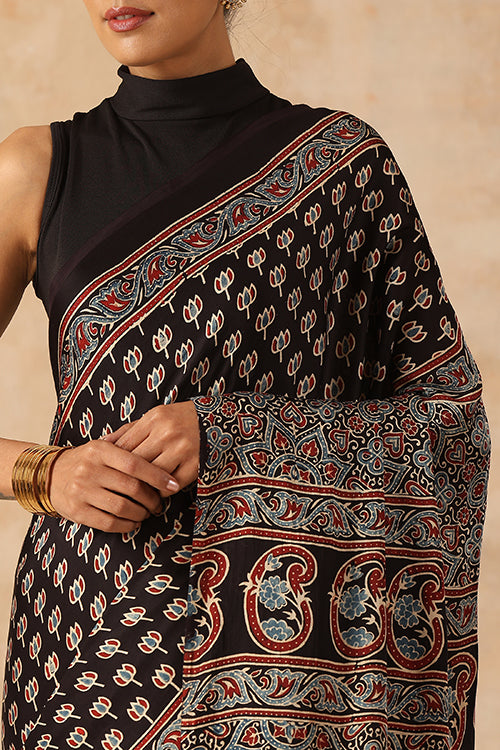 Jahangir Khatri Handblock Printed Black Ajrakh Saree Online - 041