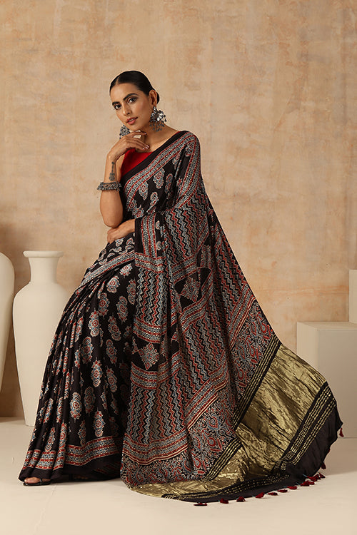 Jahangir Khatri Handblock Printed Black Ajrakh Saree Online - 031