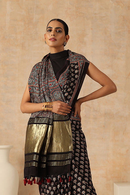Jahangir Khatri - Black Ajrakh Modal Tissue Saree - 041