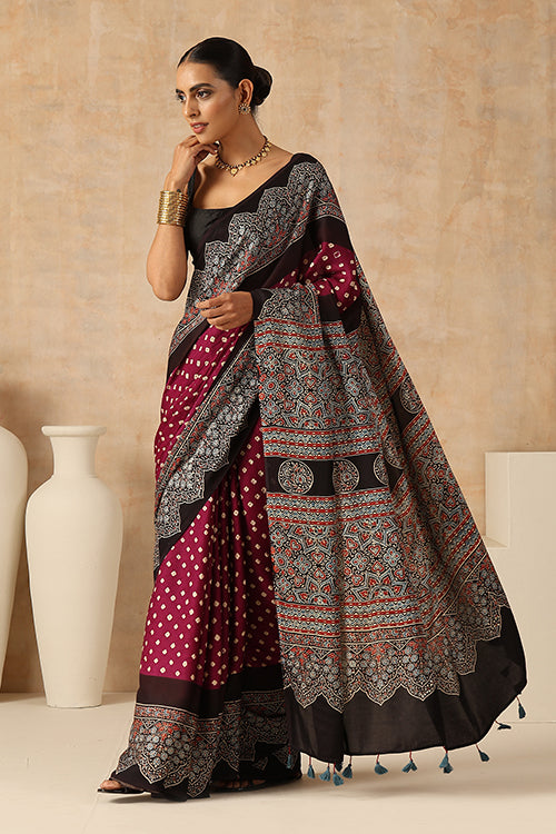 Jahangir Khatri - Black & Magenta Ajrakh & Bandhani Modal Saree - 006