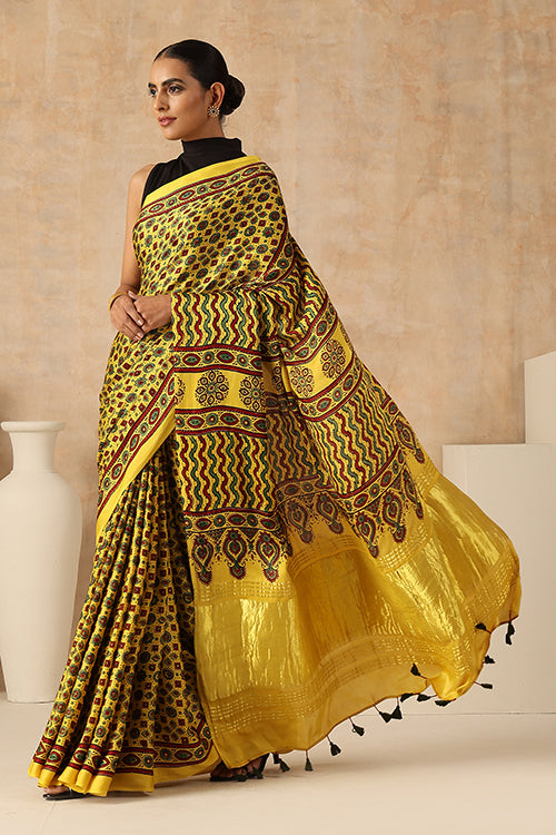 Jahangir Khatri - Yellow Ajrakh Modal Tissue Saree - 036