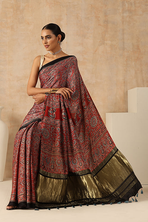 Jahangir Khatri Handblock Printed Red Ajrakh Saree Online - 042