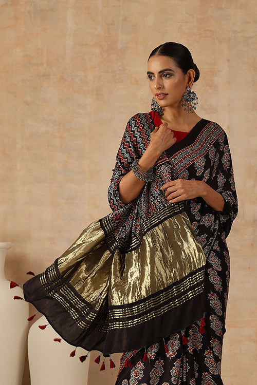 Jahangir Khatri - Black Ajrakh Modal Tissue Saree - 031