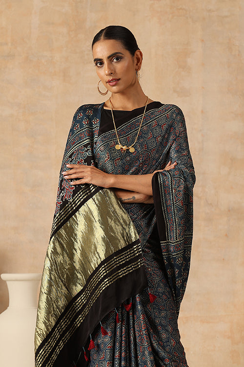 Jahangir Khatri - Indigo Blue Ajrakh Modal Tissue Saree - 035