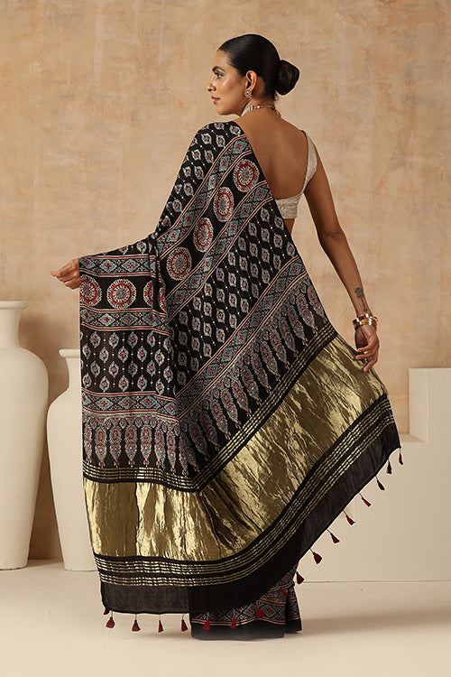 Jahangir Khatri - Black Ajrakh Modal Tissue Saree - 034