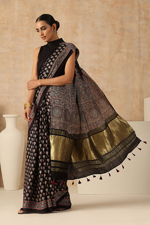 Jahangir Khatri - Black Ajrakh Modal Tissue Saree - 041