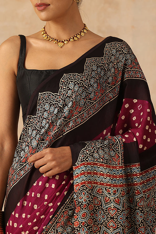 Jahangir Khatri - Black & Magenta Ajrakh & Bandhani Modal Saree - 006