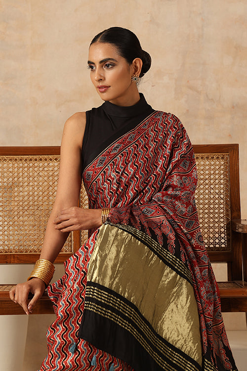 Jahangir Khatri - Red Ajrakh Modal Tissue Saree - 032