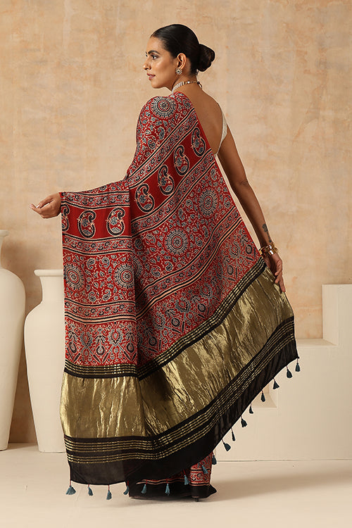 Jahangir Khatri - Red Ajrakh Modal Tissue Saree - 042