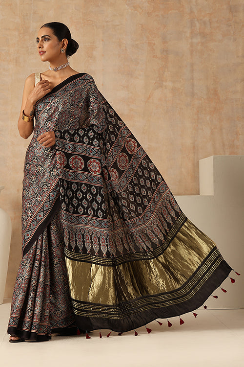 Jahangir Khatri - Black Ajrakh Modal Tissue Saree - 034