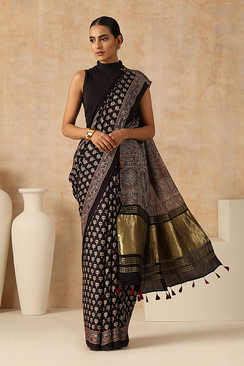 Jahangir Khatri - Black Ajrakh Modal Tissue Saree - 041
