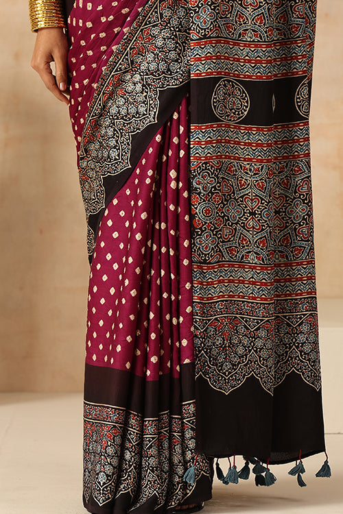 Jahangir Khatri - Black & Magenta Ajrakh & Bandhani Modal Saree - 006