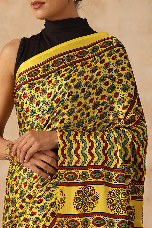 Jahangir Khatri - Yellow Ajrakh Modal Tissue Saree - 036