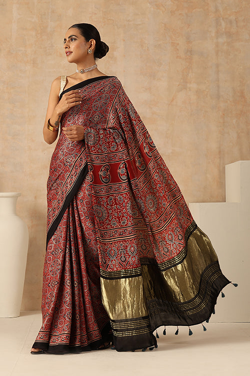 Jahangir Khatri - Red Ajrakh Modal Tissue Saree - 042