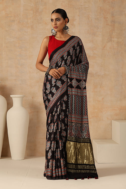 Jahangir Khatri - Black Ajrakh Modal Tissue Saree - 031