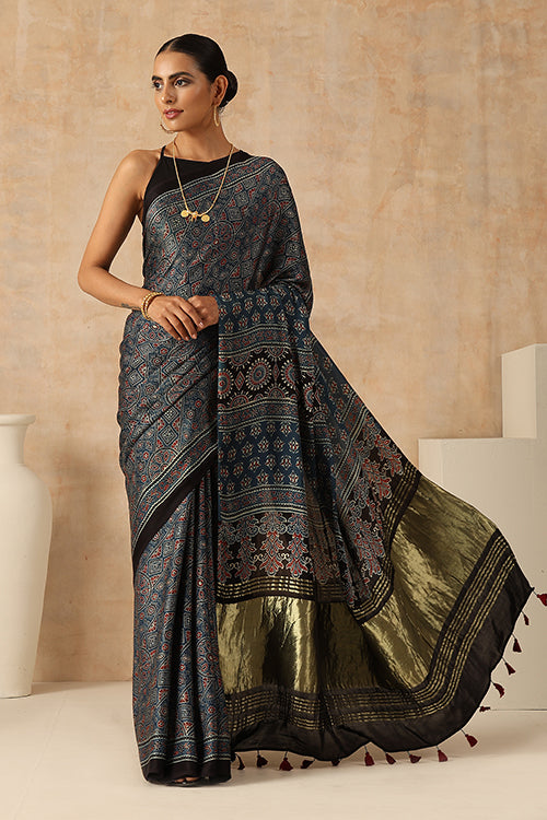 Jahangir Khatri Handblock Printed Indigo Blue Ajrakh Saree Online - 35