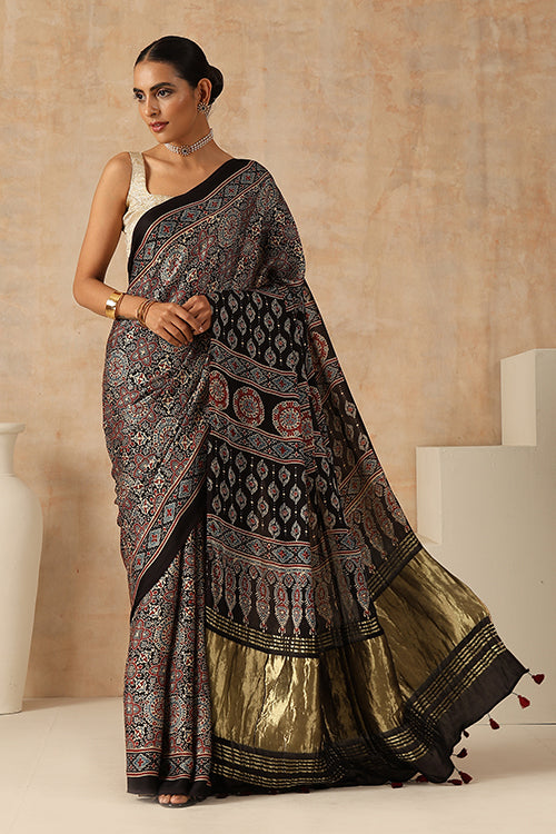 Jahangir Khatri Handblock Printed Black Ajrakh Saree Online - 034