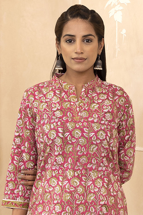 Shuddhi Raspberry Pink Handblock Printed Short Kurti