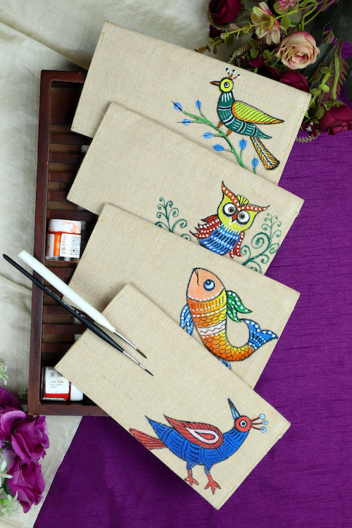 Diorama Designs Jute Hanpainted Gond Safari Envelope - Set Of 4