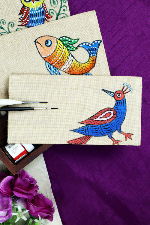 Diorama Designs Jute Hanpainted Gond Safari Envelope - Set Of 4