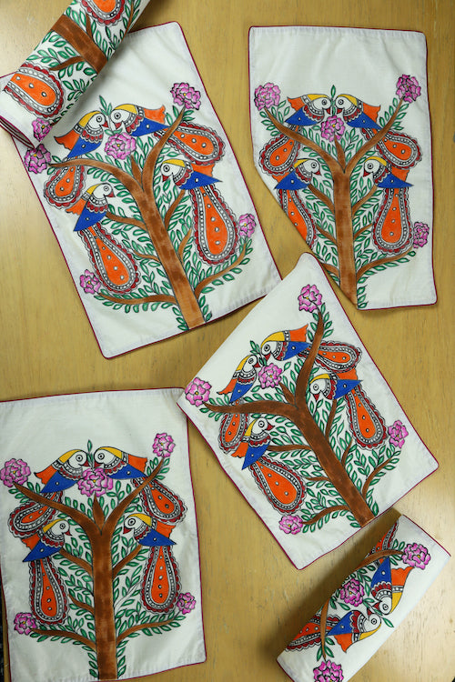 Diorama Designs Handpainted Chanderi Silk "Birds In Harmony" Table Mats