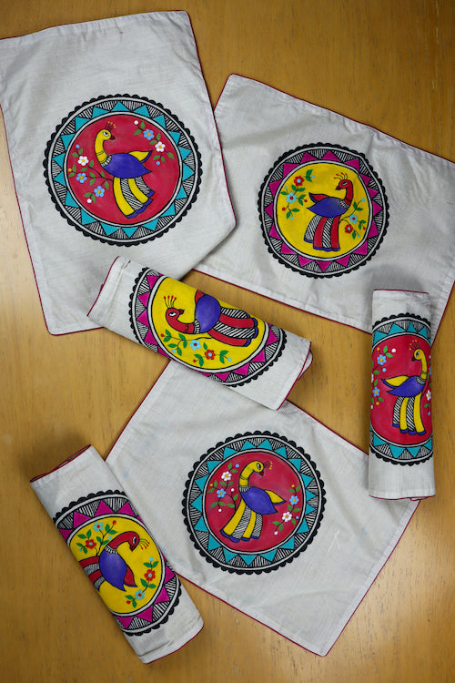 Diorama Designs Chanderi Silk Handpainted Madhubani Peacock Table Runner & Mats
