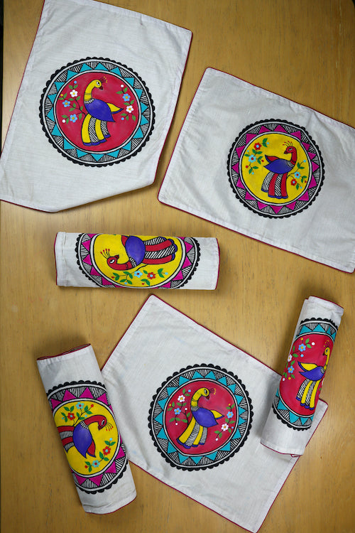 Diorama Designs Chanderi Silk Handpainted Madhubani Peacock Table Runner & Mats