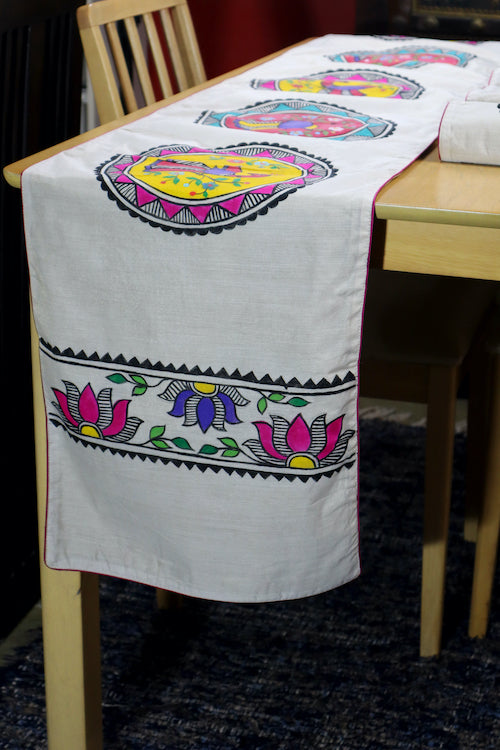 Diorama Designs Chanderi Silk Handpainted Madhubani Peacock Table Runner & Mats