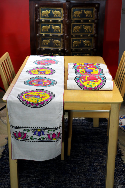 Diorama Designs Chanderi Silk Handpainted Madhubani Peacock Table Runner & Mats