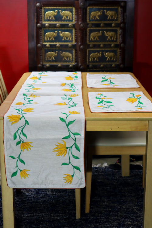 Diorama Designs Handpainted Pichwai Chanderi Silk Magnolia Table Runner & Mats