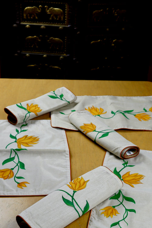 Diorama Designs Handpainted Pichwai Chanderi Silk  Magnolia Table Mats