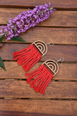 Indianyards Handmade Macrame Earrings, Boho Jewellery | Cherry Red | Relove