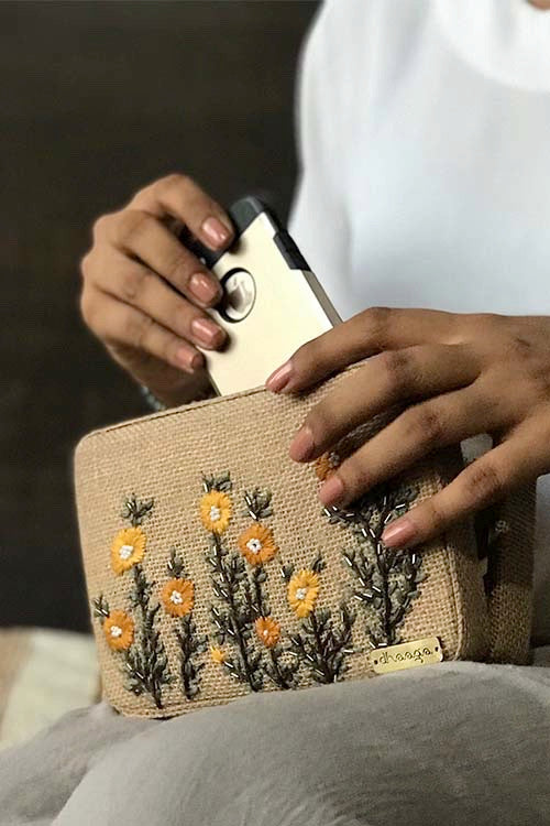 Dhaaga Handcrafts-Beige floral box clutch | Relove