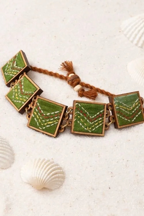 WHE Hand Embroidered Green Repurposed Silk Fabric And Wood Bracelet