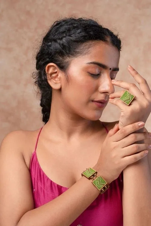 WHE Hand Embroidered Green Repurposed Silk Fabric And Wood Bracelet