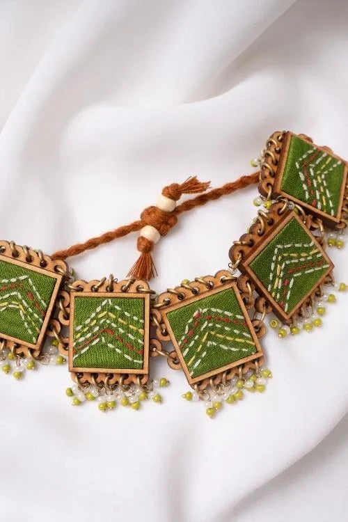 WHE Kantha Green Repurposed Silk Fabric And Wood Bracelet With Beads