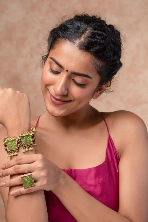 WHE Kantha Green Repurposed Silk Fabric And Wood Bracelet With Beads