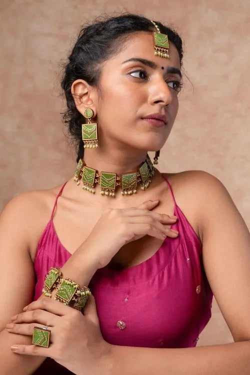 WHE Kantha Green Repurposed Silk Fabric And Wood Bracelet With Beads
