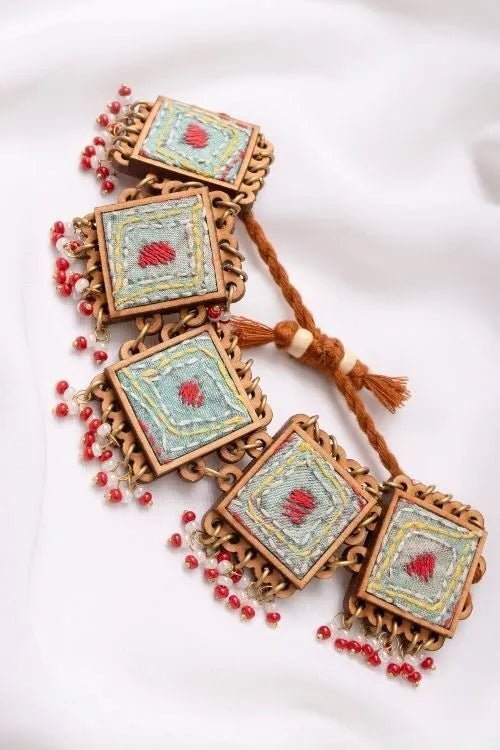 WHE Kantha Columbia Blue Repurposed Silk Fabric And Wood Beads Bracelet